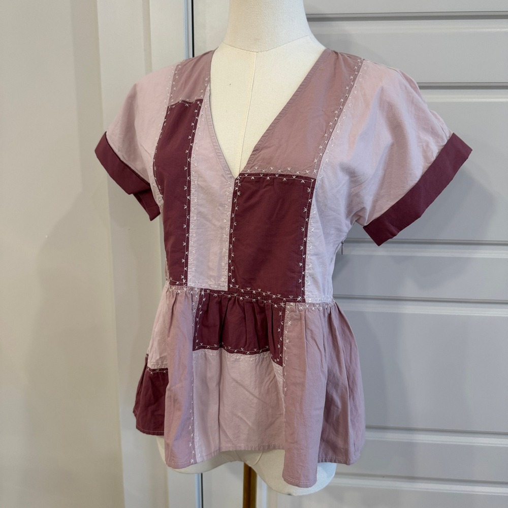 Madewell Signature Poplin Patchwork Peplum Top V-Neck Short Sleeve Size 00 NWT